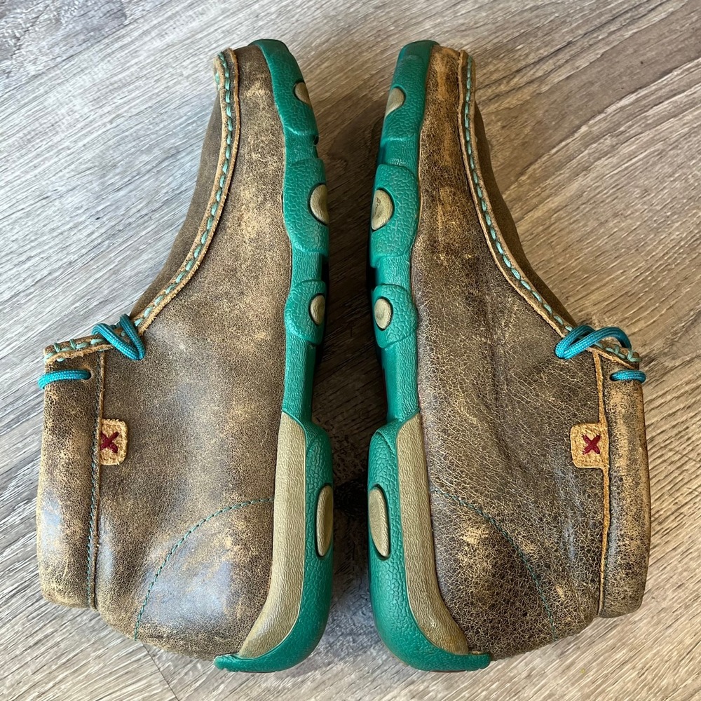 Twisted X Chukka Driving Moc Distressed Tan Bomber Leather Turquoise Womens 9 - Picture 2 of 9